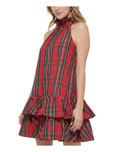 TOMMY HILFIGER Womens Red Zippered Plaid Sleeveless Halter Above The Knee Ruffled Dress 8
