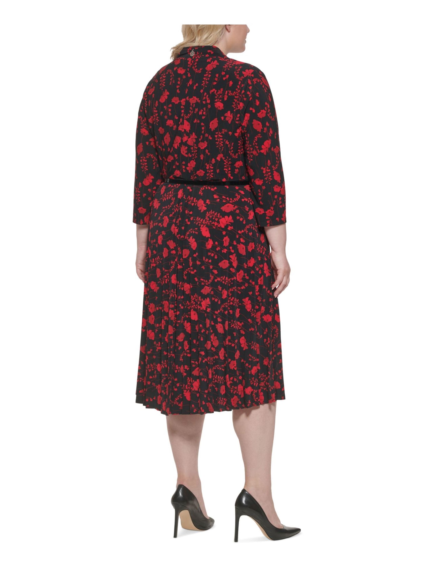 TOMMY HILFIGER Womens Black Belted Floral 3/4 Sleeve V Neck Below The Knee Shift Dress Plus 14W
