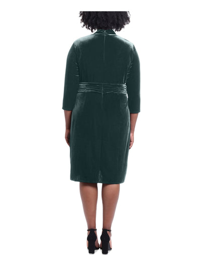 LONDON TIMES Womens Green Zippered Ruched Tulip Hem 3/4 Sleeve Mock Neck Knee Length Evening Blouson Dress Plus 16W