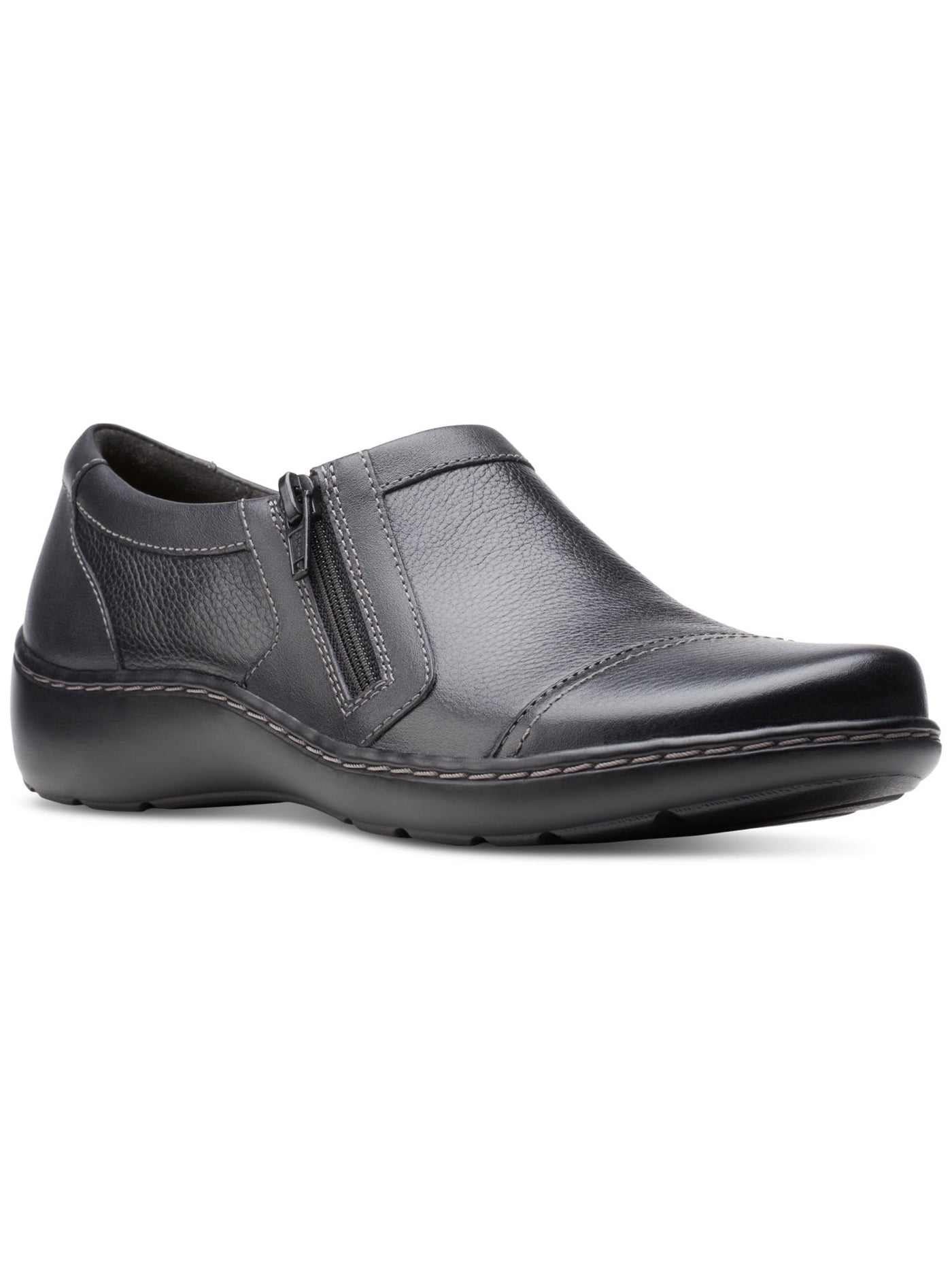 CLARKS COLLECTION Womens Black Goring Cushioned Cora Giny Round Toe Wedge Zip-Up Leather Loafers Shoes 8.5 W