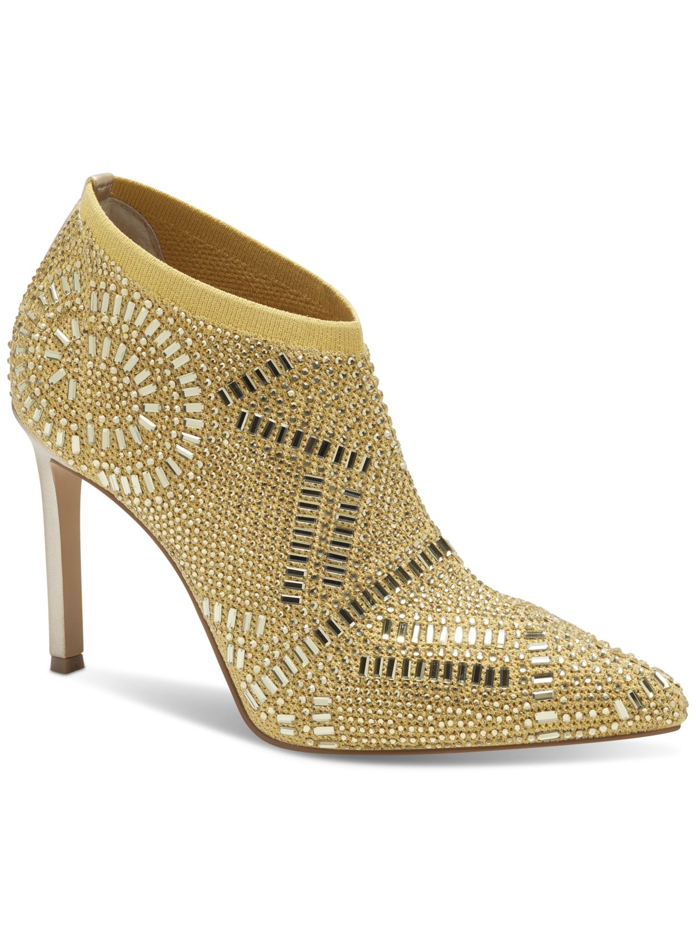 THALIA SODI Womens Gold Knit Rhinestone Cushioned Karmen Pointed Toe Stacked Heel Slip On Dress Booties 9 M