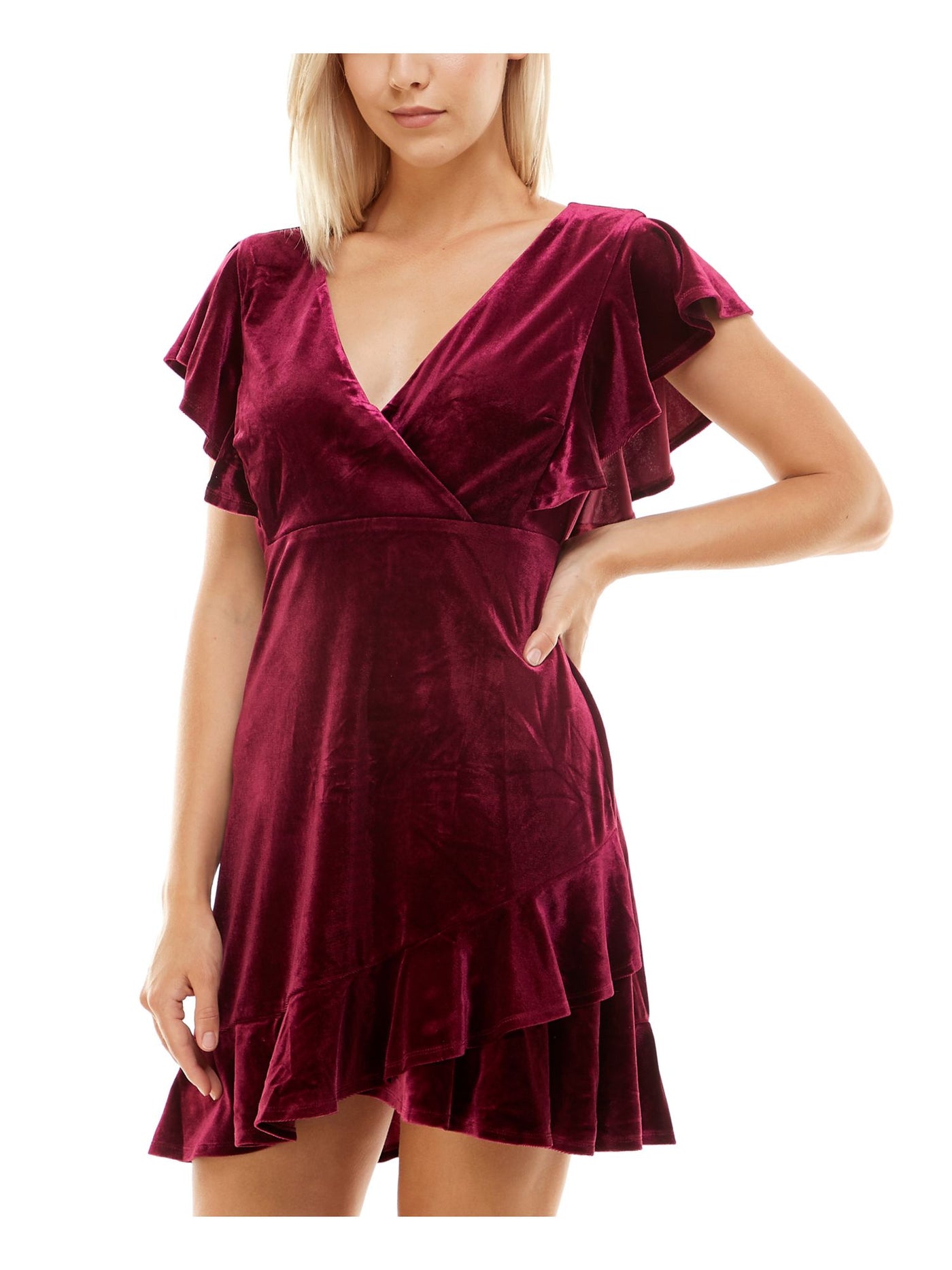 CRYSTAL DOLLS Womens Burgundy Ruffled Zippered Unlined Flutter Sleeve Surplice Neckline Short Party Faux Wrap Dress Juniors XS