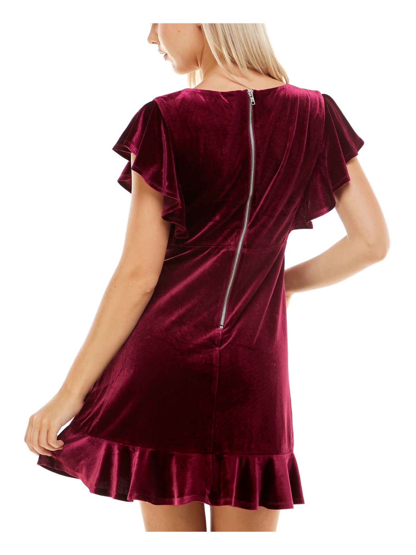 CRYSTAL DOLLS Womens Burgundy Ruffled Zippered Unlined Flutter Sleeve Surplice Neckline Short Party Faux Wrap Dress Juniors XS