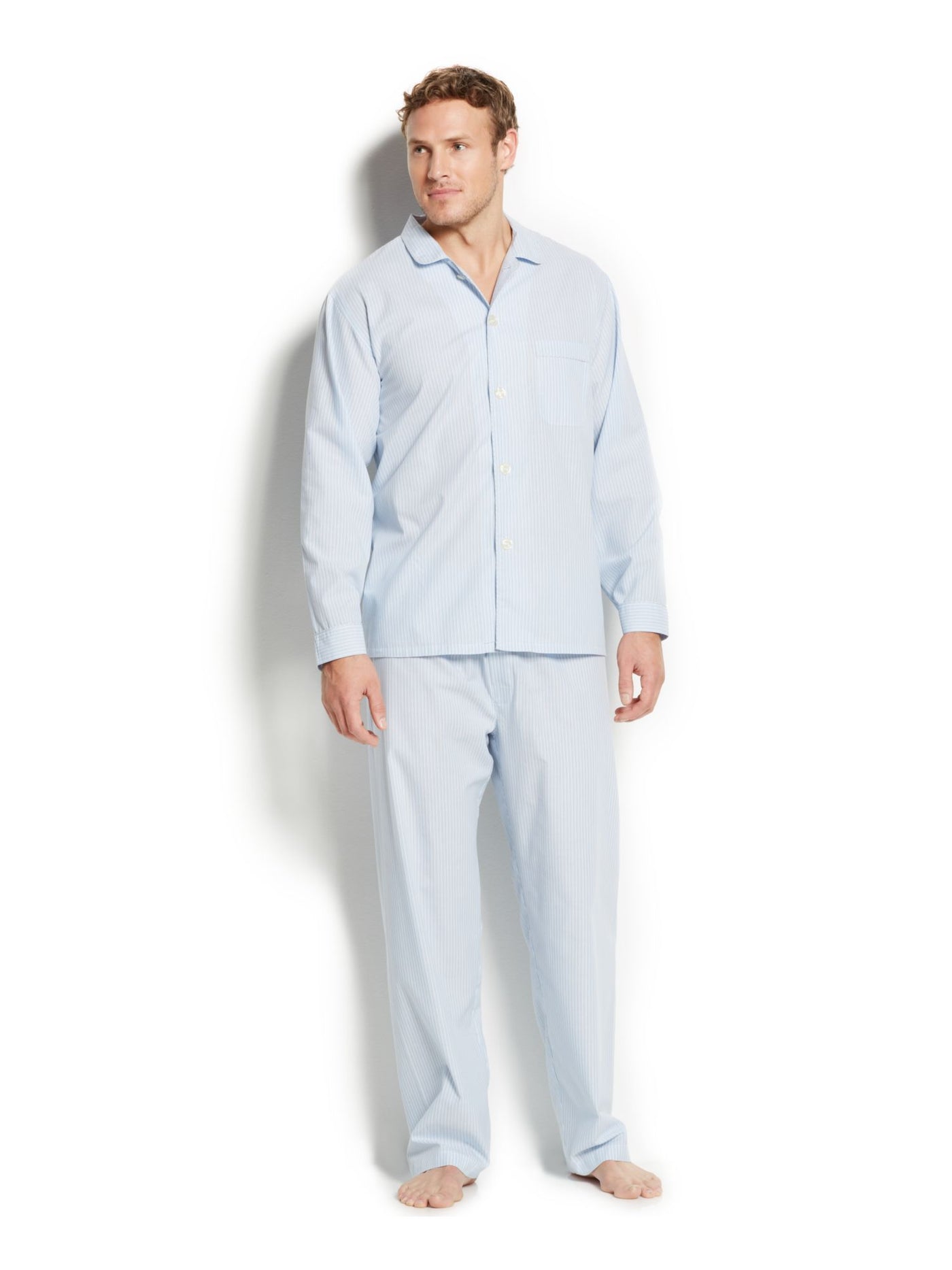 CLUBROOM Mens Blue Striped Pocketed Long Sleeve Button Up Top Straight leg Pants Pajamas XL