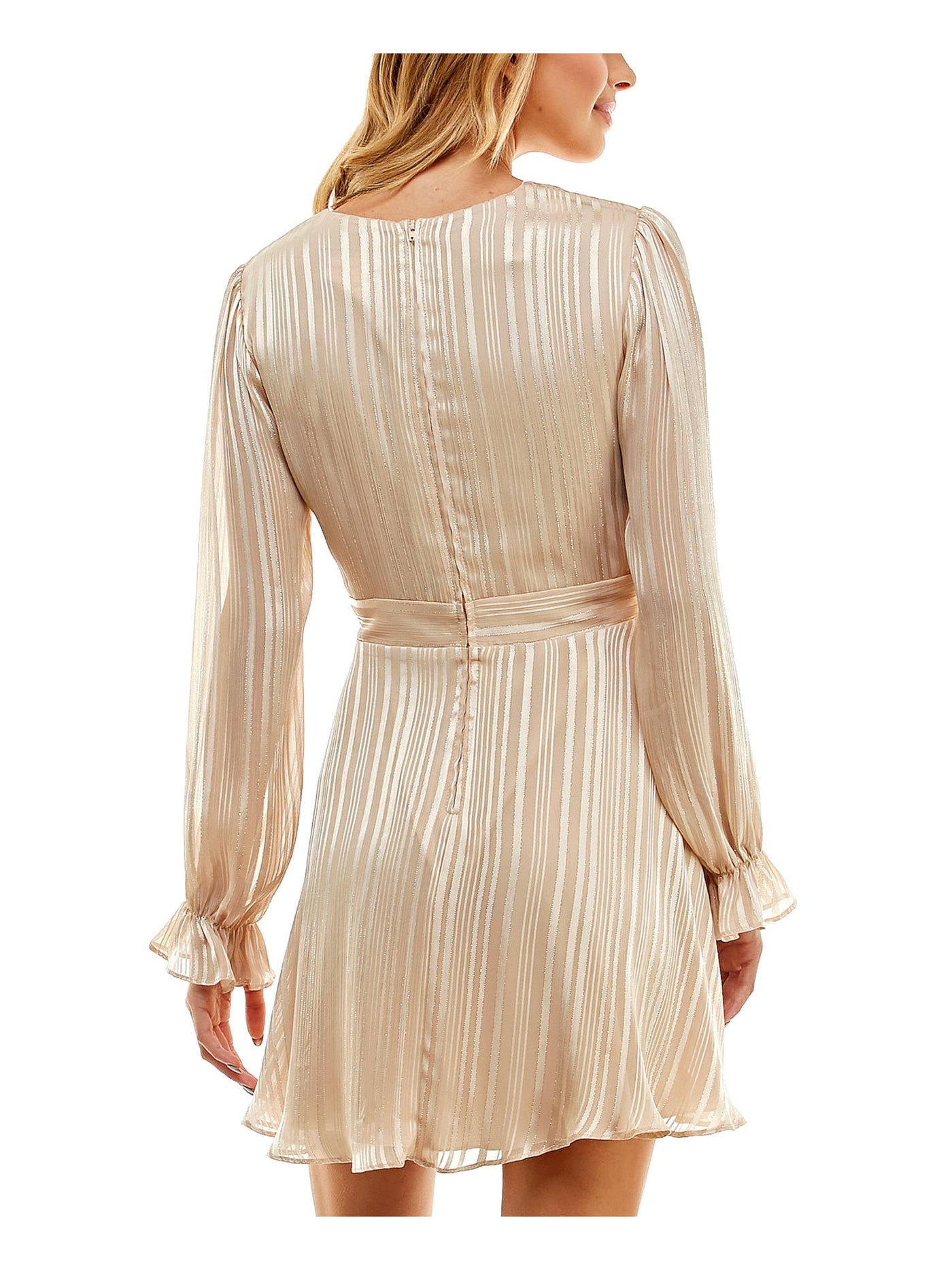 B DARLIN Womens Beige Zippered Lined Striped Long Sleeve Surplice Neckline Above The Knee Party Fit + Flare Dress Juniors 5\6
