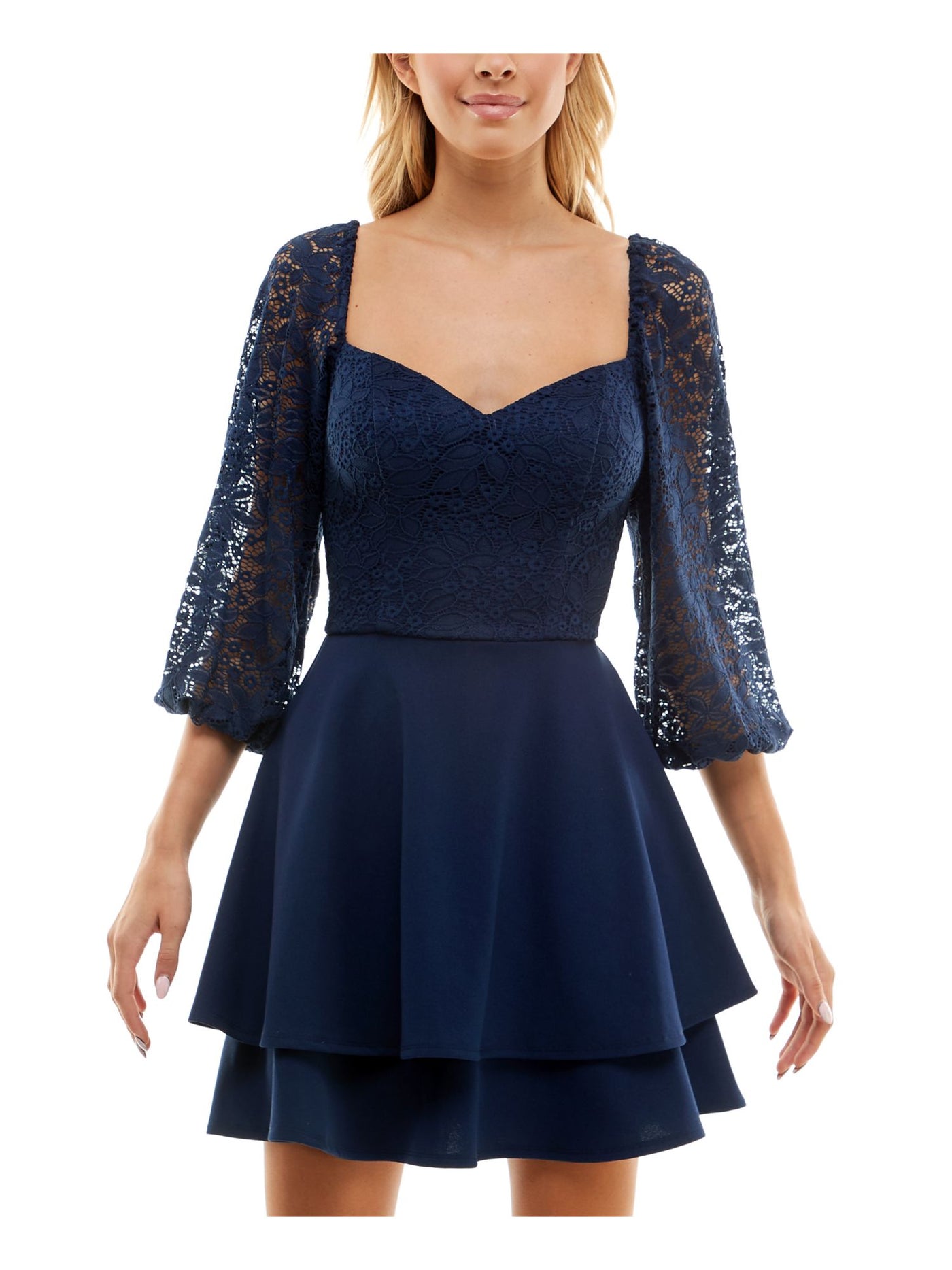 B DARLIN Womens Navy Lace Zippered Layered Lined Scoop Back Balloon Sleeve Sweetheart Neckline Short Party Fit + Flare Dress Juniors 7\8