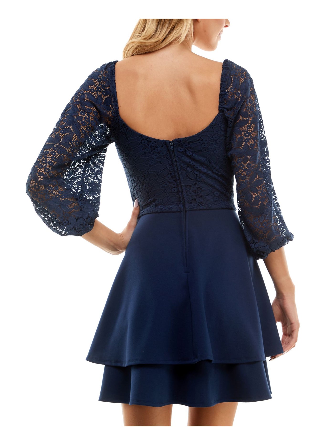 B DARLIN Womens Navy Lace Zippered Layered Lined Scoop Back Balloon Sleeve Sweetheart Neckline Short Party Fit + Flare Dress Juniors 7\8