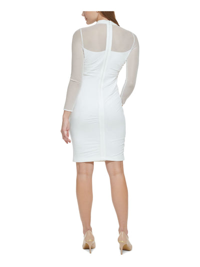 CALVIN KLEIN Womens Ivory Mesh Zippered Ruched Long Sleeve Mock Neck Above The Knee Party Sheath Dress 6