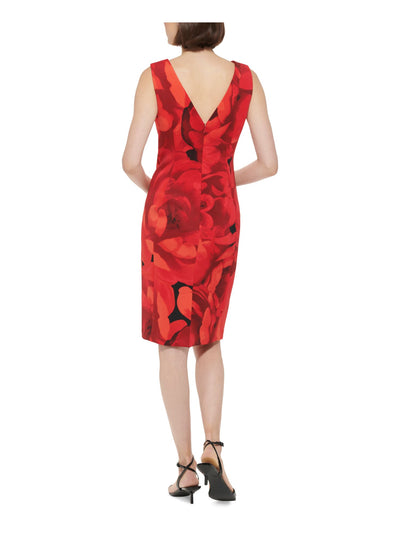 CALVIN KLEIN Womens Red Zippered Unlined V-back Printed Sleeveless Boat Neck Above The Knee Wear To Work Sheath Dress 10