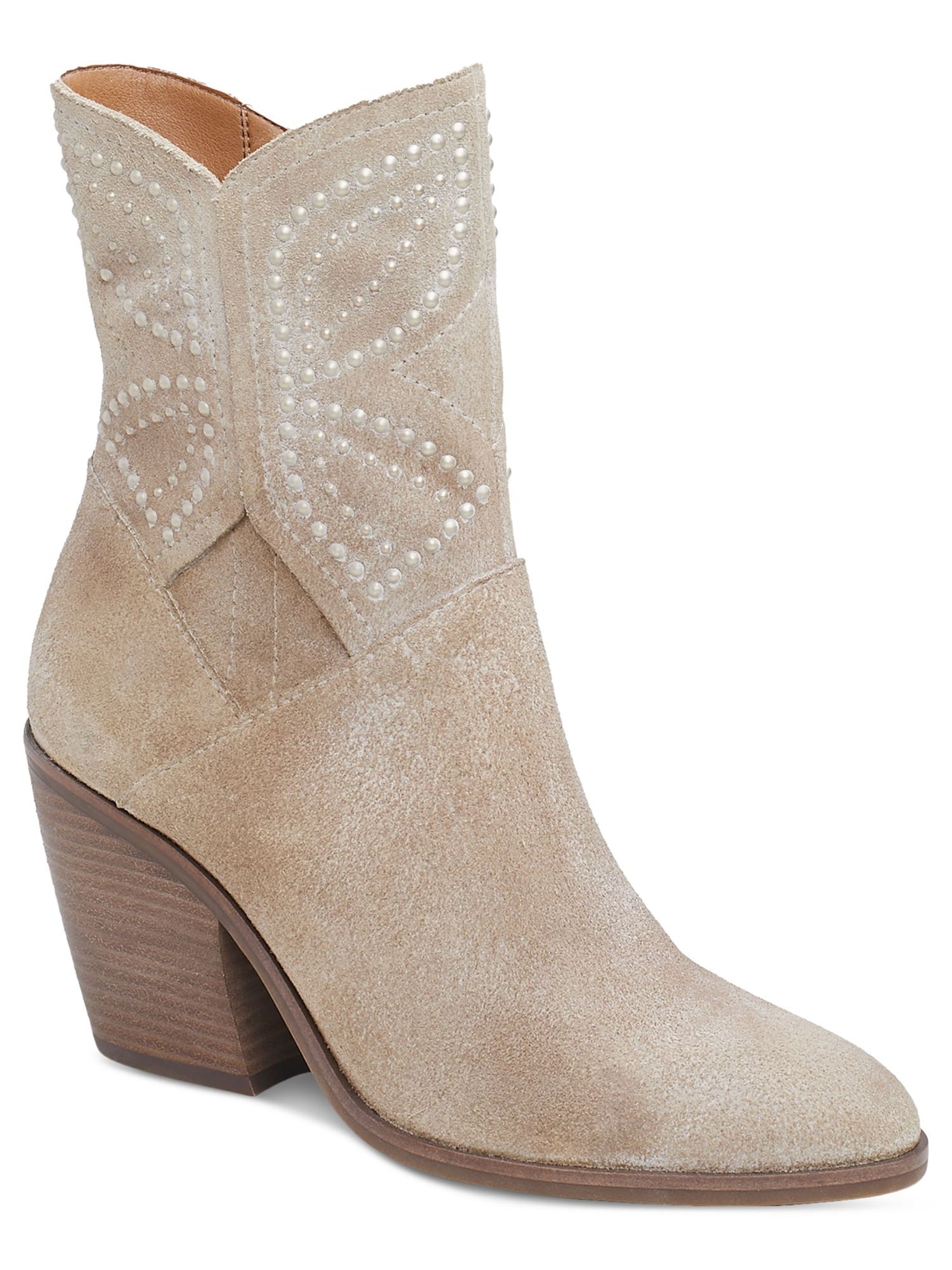 LUCKY BRAND Womens Beige Western Inspiration Embellished Padded Lakelon Almond Toe Stacked Heel Zip-Up Leather Booties 9.5 M