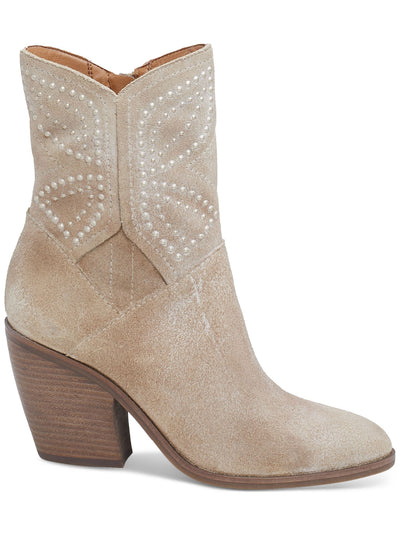 LUCKY BRAND Womens Beige Western Inspiration Embellished Padded Lakelon Almond Toe Stacked Heel Zip-Up Leather Booties 9.5 M