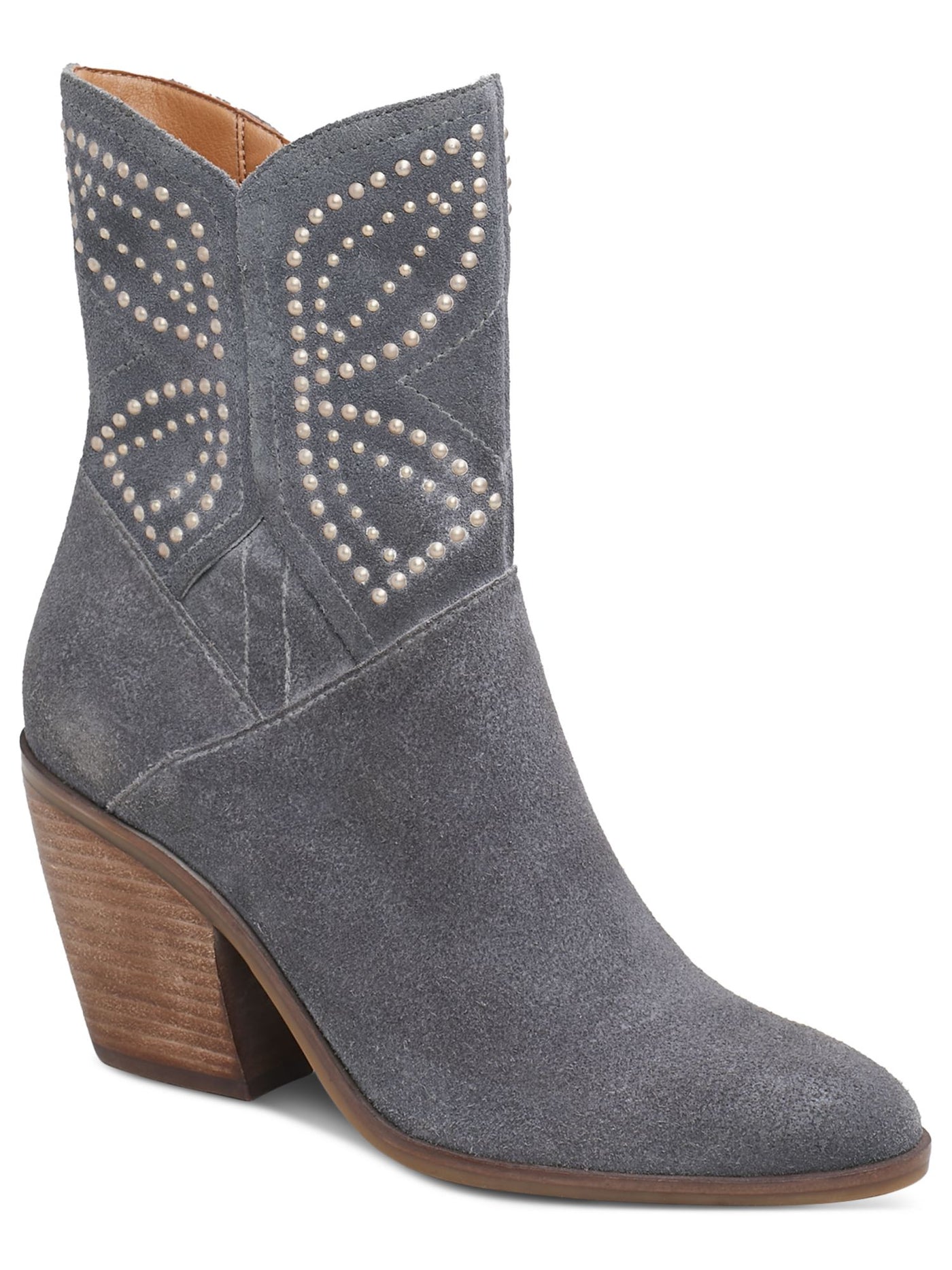 LUCKY BRAND Womens Gray Patterned Embellished Padded Lakelon Almond Toe Stacked Heel Zip-Up Leather Western Boot 8 M