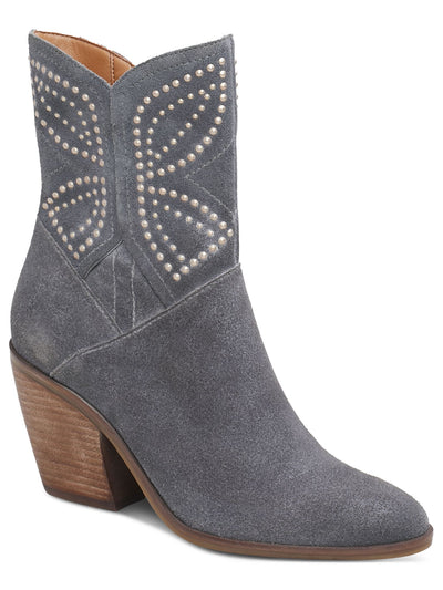 LUCKY BRAND Womens Gray Patterned Embellished Padded Lakelon Almond Toe Stacked Heel Zip-Up Leather Western Boot 9 M