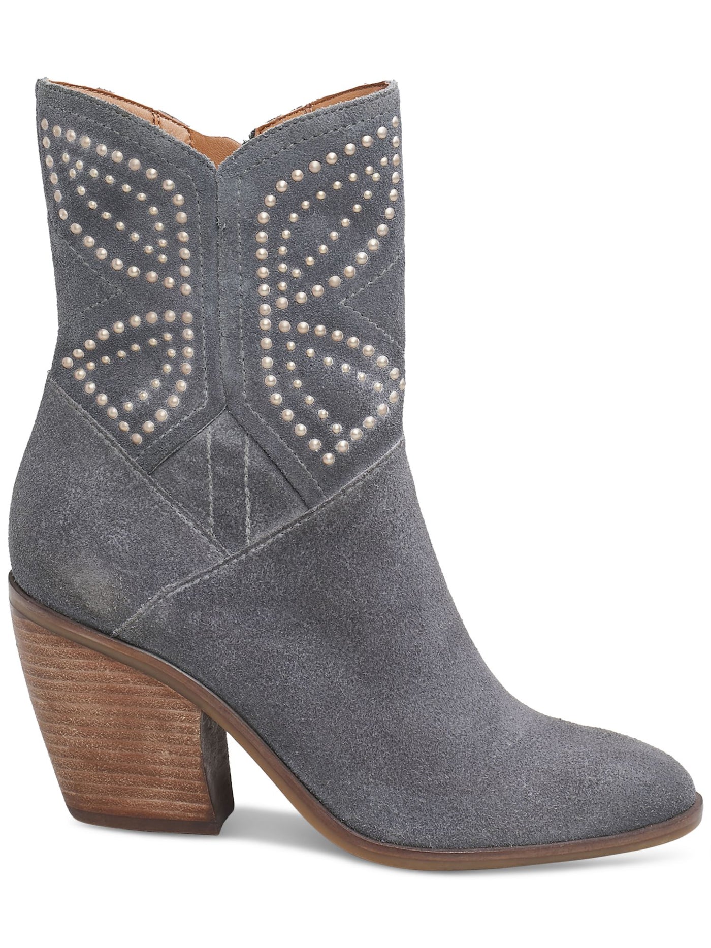 LUCKY BRAND Womens Gray Patterned Embellished Padded Lakelon Almond Toe Stacked Heel Zip-Up Leather Western Boot 9 M