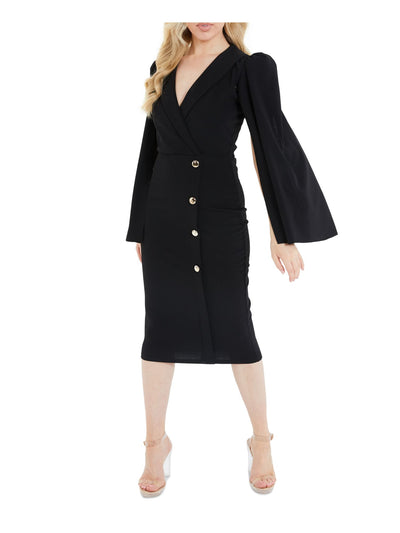 QUIZ Womens Black Long Sleeve Surplice Neckline Below The Knee Wear To Work Faux Wrap Dress 6
