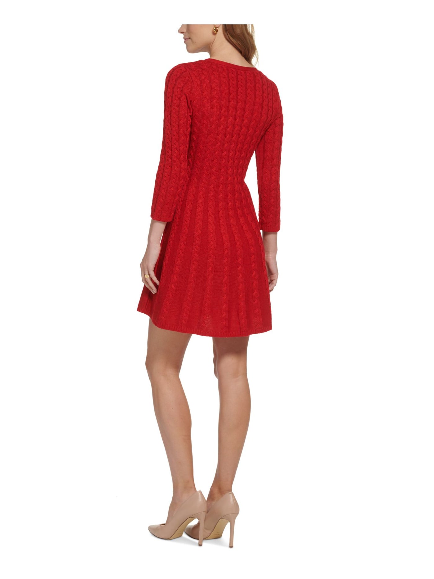 JESSICA HOWARD Womens Red Unlined Pullover 3/4 Sleeve V Neck Above The Knee Party Sweater Dress Petites PXL