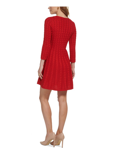 JESSICA HOWARD Womens Red Unlined Pullover 3/4 Sleeve V Neck Above The Knee Party Sweater Dress Petites PL