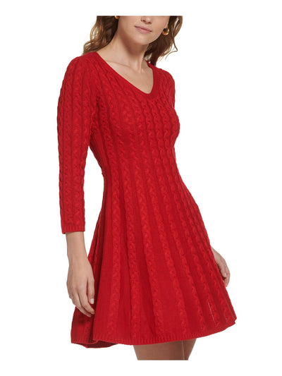 JESSICA HOWARD Womens Red Unlined Pullover 3/4 Sleeve V Neck Above The Knee Party Sweater Dress Petites PXL