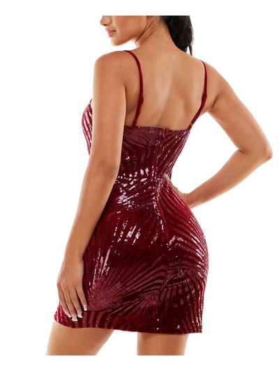 CRYSTAL DOLLS Womens Burgundy Zippered Sequined Padded Lined Bodice Adjustable Spaghetti Strap Square Neck Mini Party Body Con Dress Juniors M