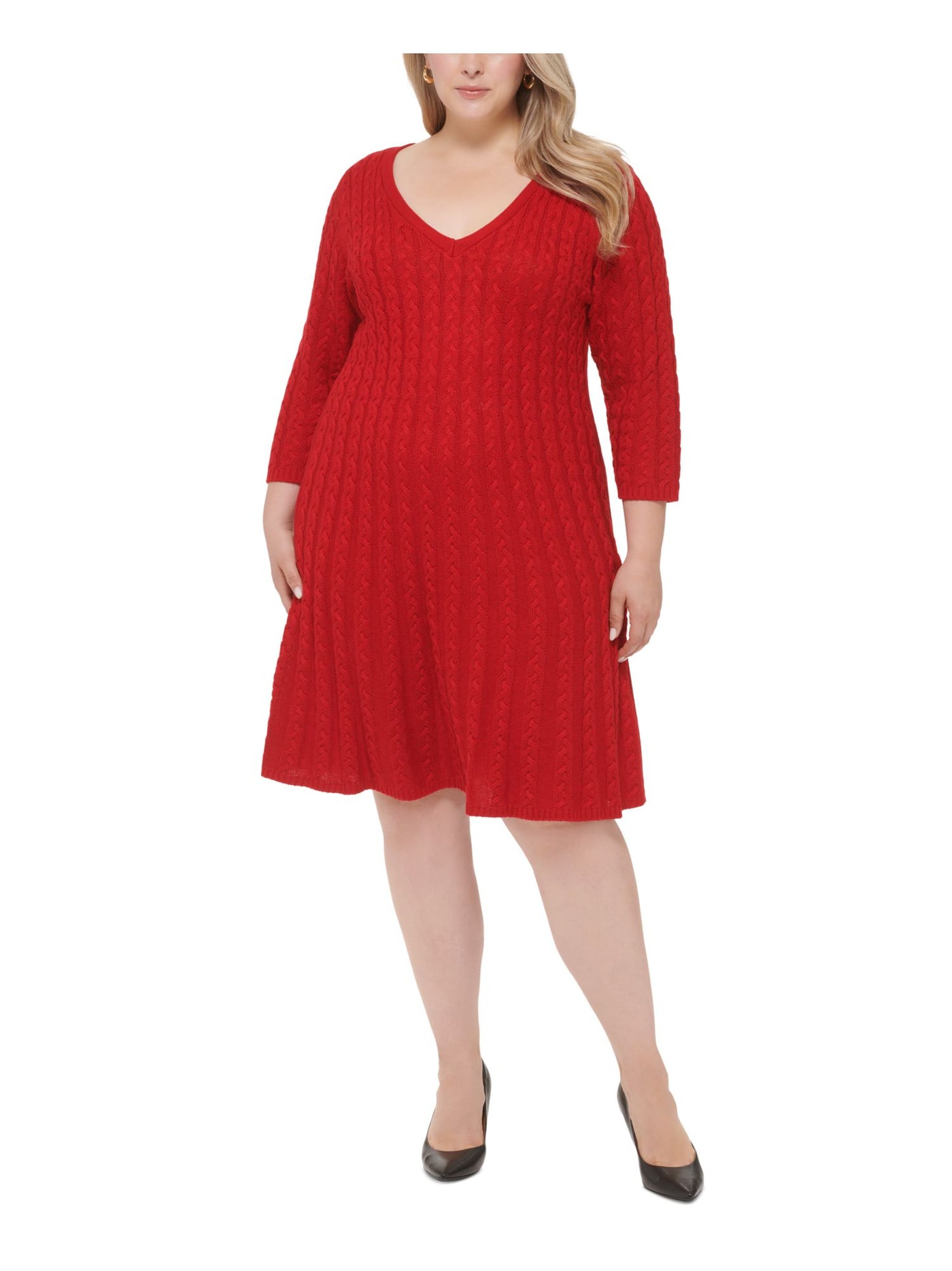 JESSICA HOWARD Womens Red 3/4 Sleeve V Neck Knee Length Wear To Work Sweater Dress Plus 2X