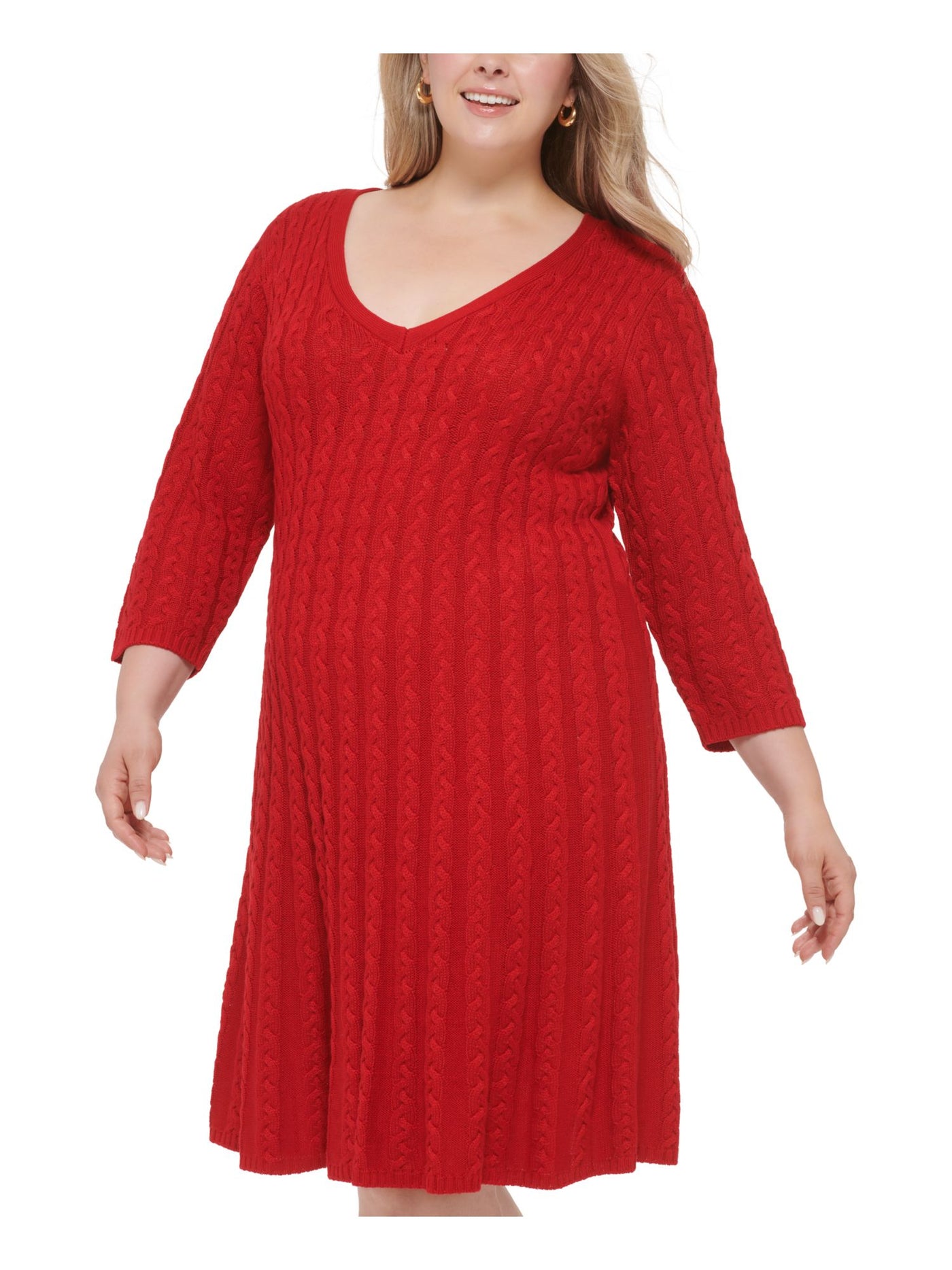 JESSICA HOWARD Womens Red 3/4 Sleeve V Neck Knee Length Wear To Work Sweater Dress Plus 1X