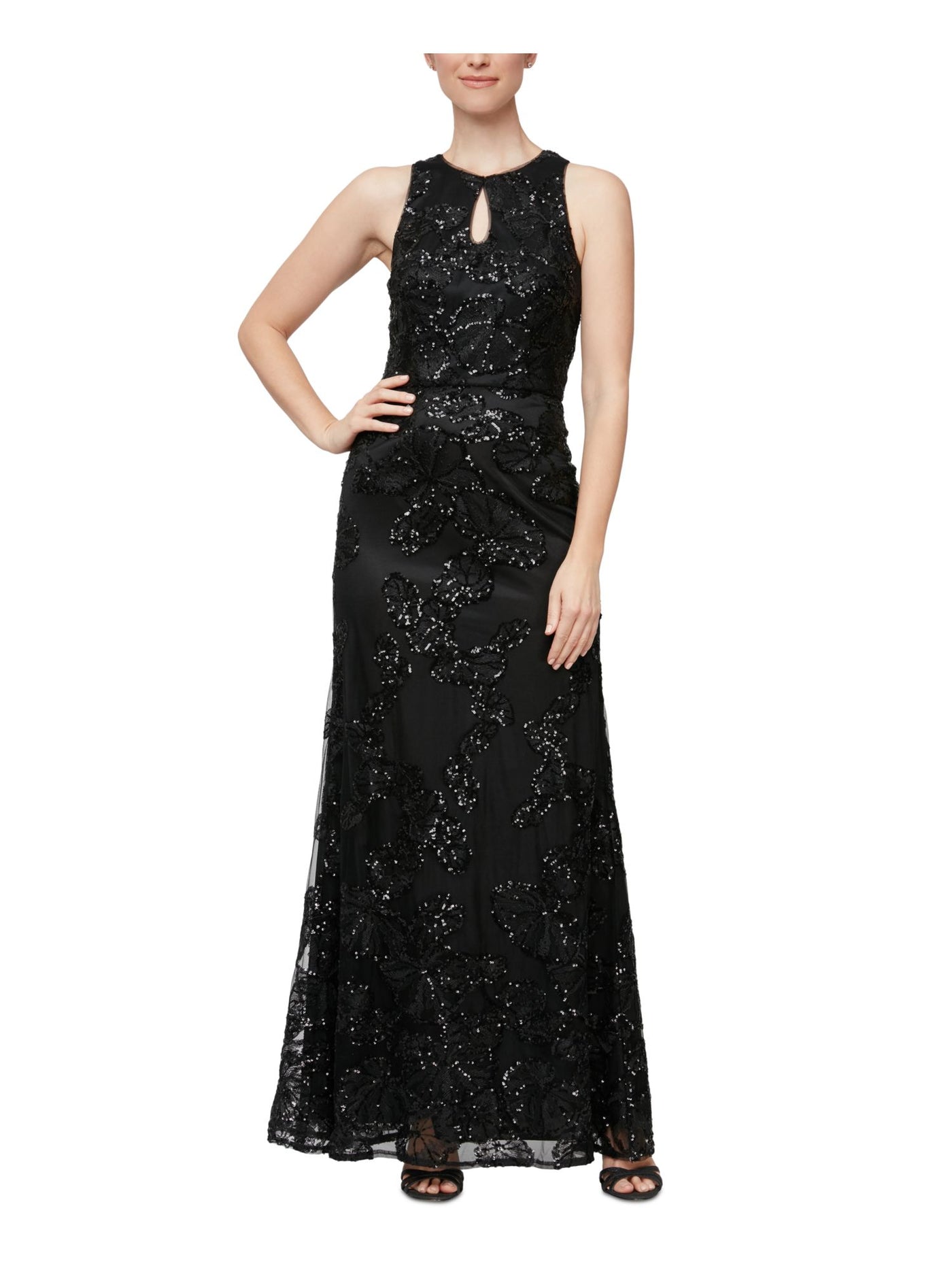 ALEX & EVE BY ALEX EVENINGS Womens Black Sequined Zippered Lined Floral Sleeveless Keyhole Full-Length Evening Gown Dress 2