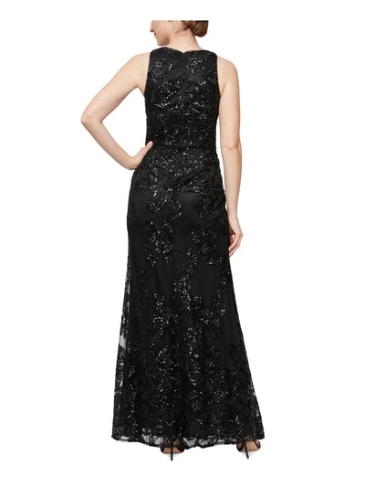 ALEX & EVE BY ALEX EVENINGS Womens Black Sequined Zippered Lined Floral Sleeveless Keyhole Full-Length Evening Gown Dress 2