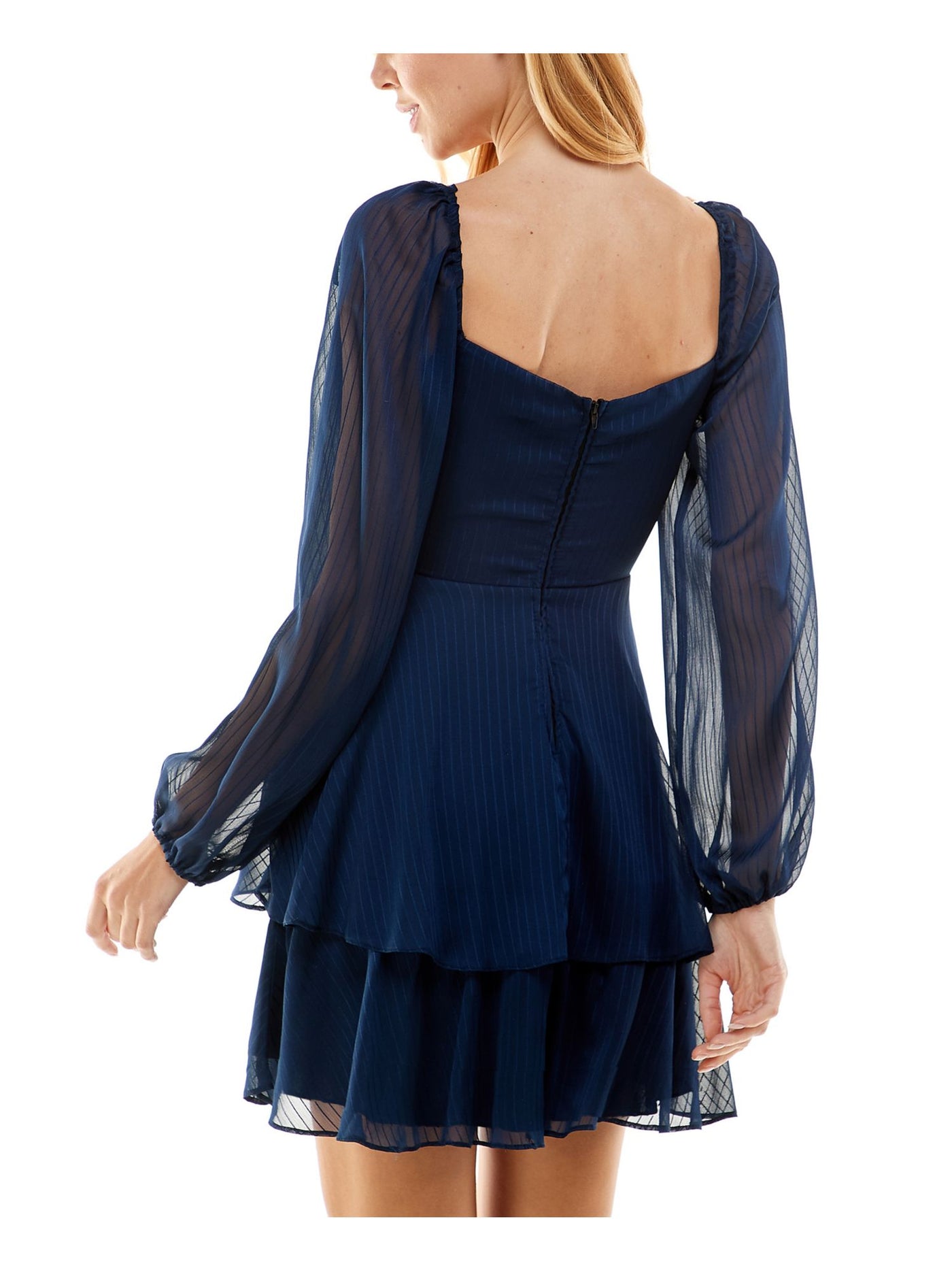 CITY STUDIO Womens Navy Zippered Lined Tie Keyhole Front Layered Hem Long Sleeve Sweetheart Neckline Short Party Fit + Flare Dress Juniors 5