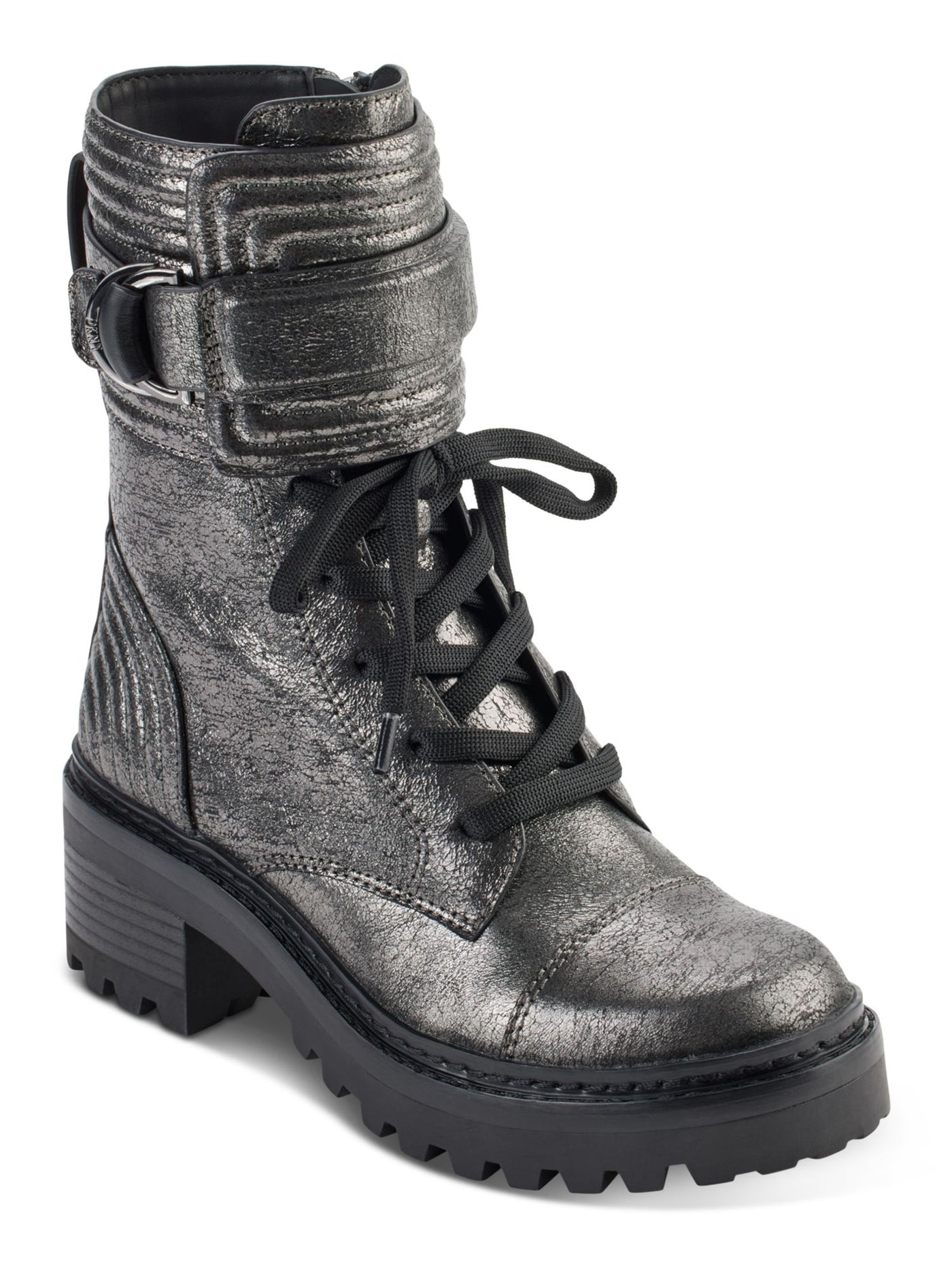 DKNY Womens Silver Buckle Accent Metallic Basia Round Toe Block Heel Zip-Up Leather Combat Boots 7 M