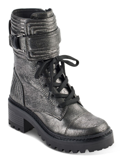 DKNY Womens Gray Buckle Accent Metallic Basia Round Toe Block Heel Zip-Up Leather Combat Boots 6 M