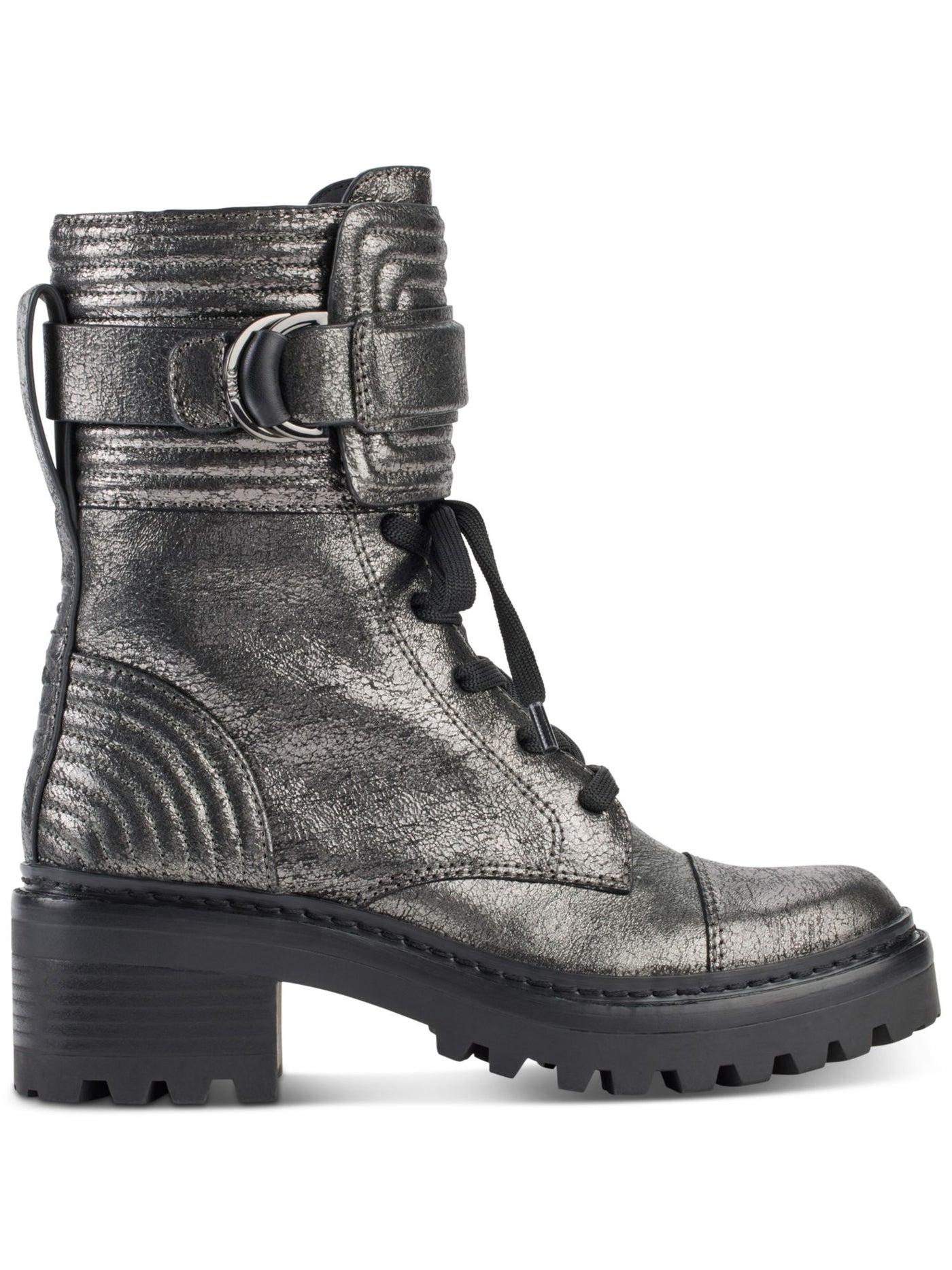 DKNY Womens Silver Buckle Accent Metallic Basia Round Toe Block Heel Zip-Up Leather Combat Boots 8.5