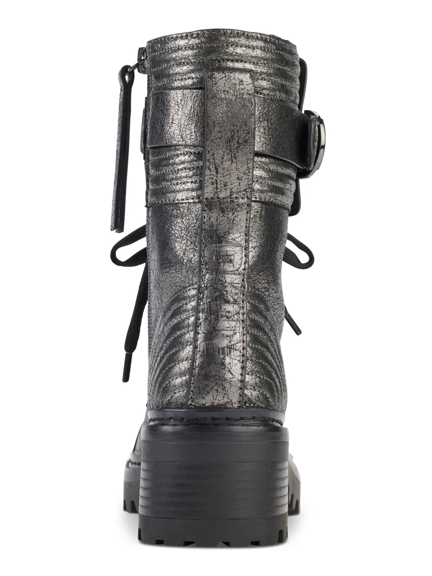 DKNY Womens Gray Buckle Accent Metallic Basia Round Toe Block Heel Zip-Up Leather Combat Boots 9 M