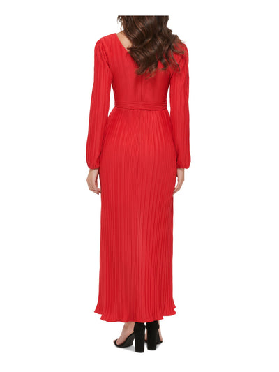 GUESS Womens Red Pleated Tie Long Sleeve Surplice Neckline Tea-Length Evening Faux Wrap Dress 10