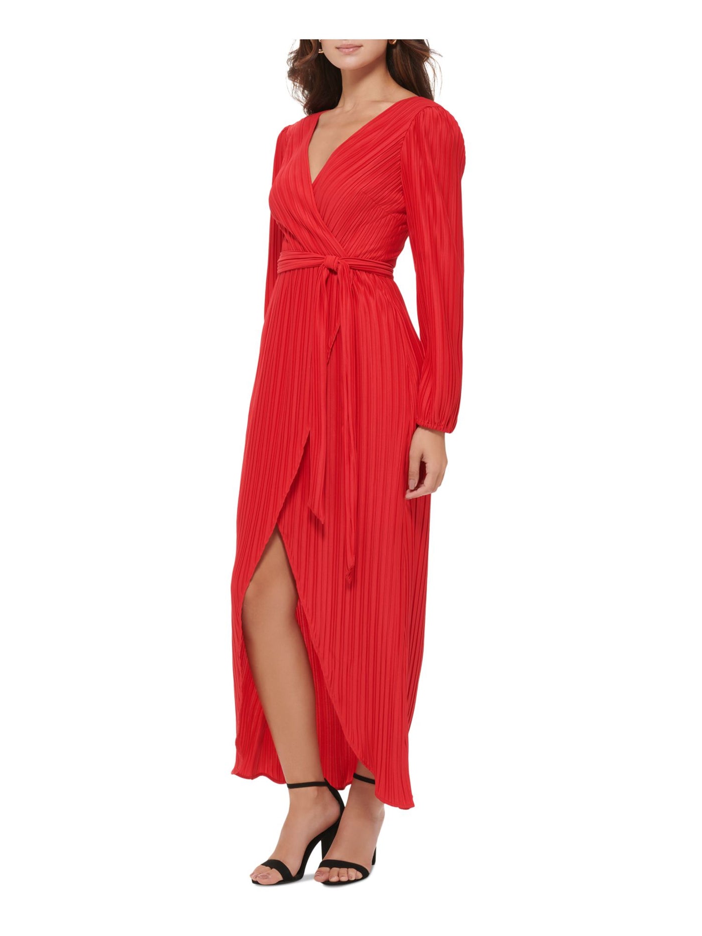 GUESS Womens Red Pleated Tie Long Sleeve Surplice Neckline Tea-Length Evening Faux Wrap Dress 10