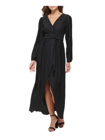 GUESS Womens Black Pleated Zippered V-back Hi-lo Hem Tie Belt Long Sleeve Surplice Neckline Maxi Evening Faux Wrap Dress 6