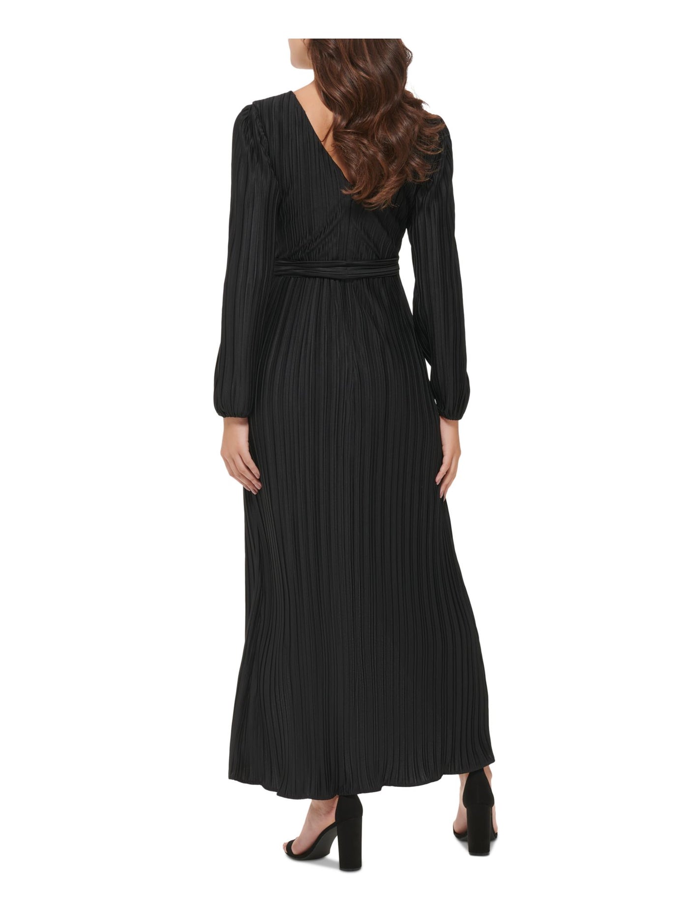 GUESS Womens Black Pleated Zippered V-back Hi-lo Hem Tie Belt Long Sleeve Surplice Neckline Maxi Evening Faux Wrap Dress 4