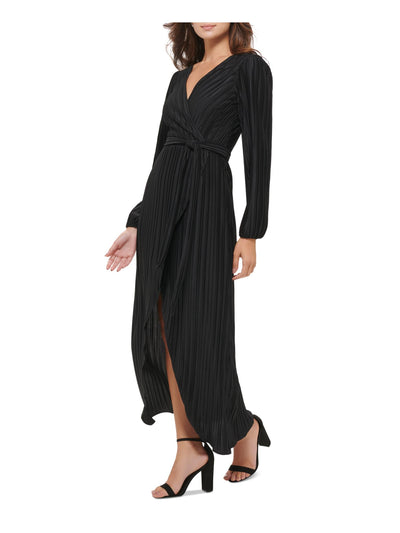 GUESS Womens Black Pleated Zippered V-back Hi-lo Hem Tie Belt Long Sleeve Surplice Neckline Maxi Evening Faux Wrap Dress 4