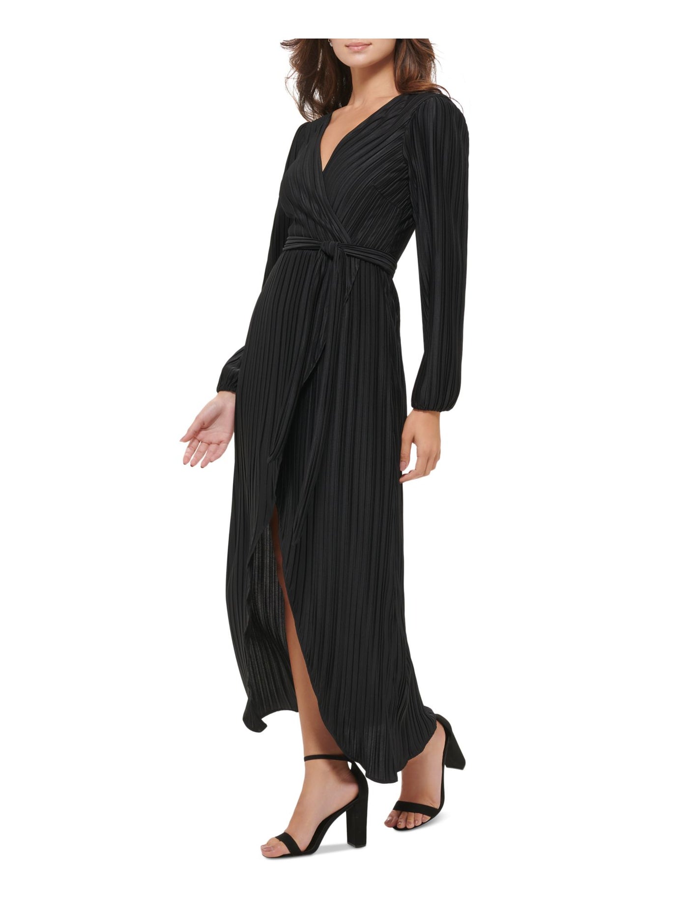 GUESS Womens Pleated Long Sleeve Surplice Neckline Maxi Evening Faux Wrap Dress