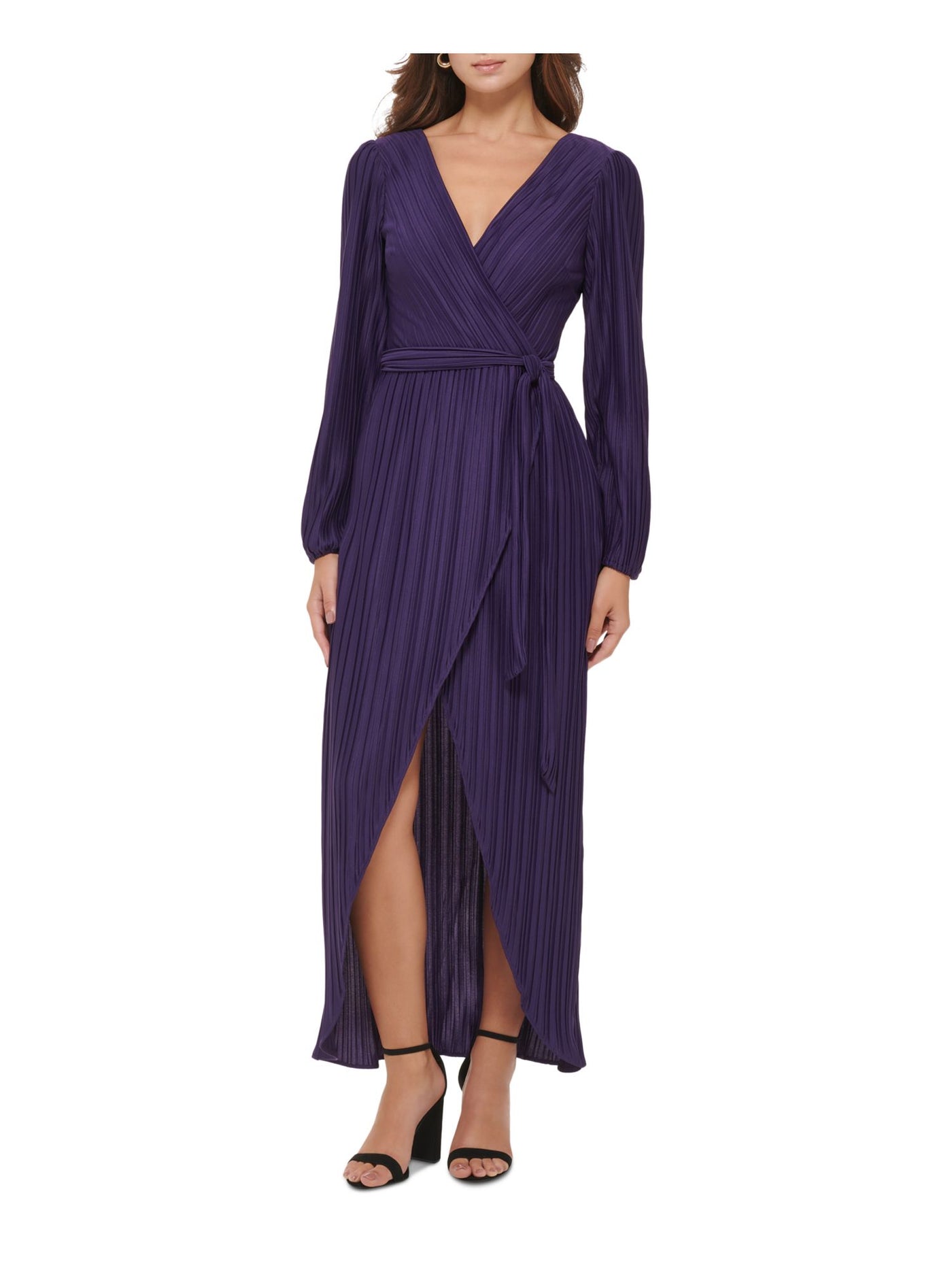 GUESS Womens Purple Pleated Zippered V-back Hi-lo Hem Tie Belt Long Sleeve Surplice Neckline Maxi Party Faux Wrap Dress 6