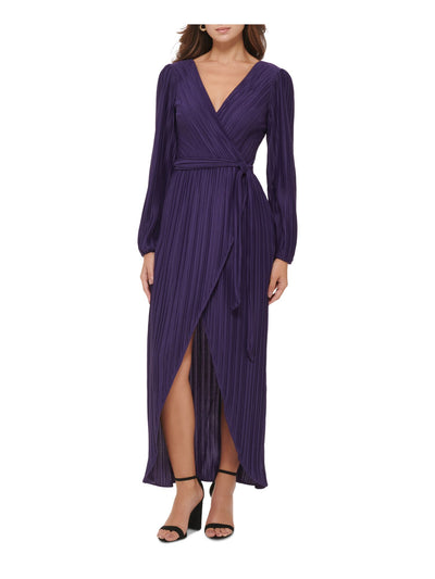 GUESS Womens Purple Pleated Zippered V-back Hi-lo Hem Tie Belt Long Sleeve Surplice Neckline Maxi Party Faux Wrap Dress 6