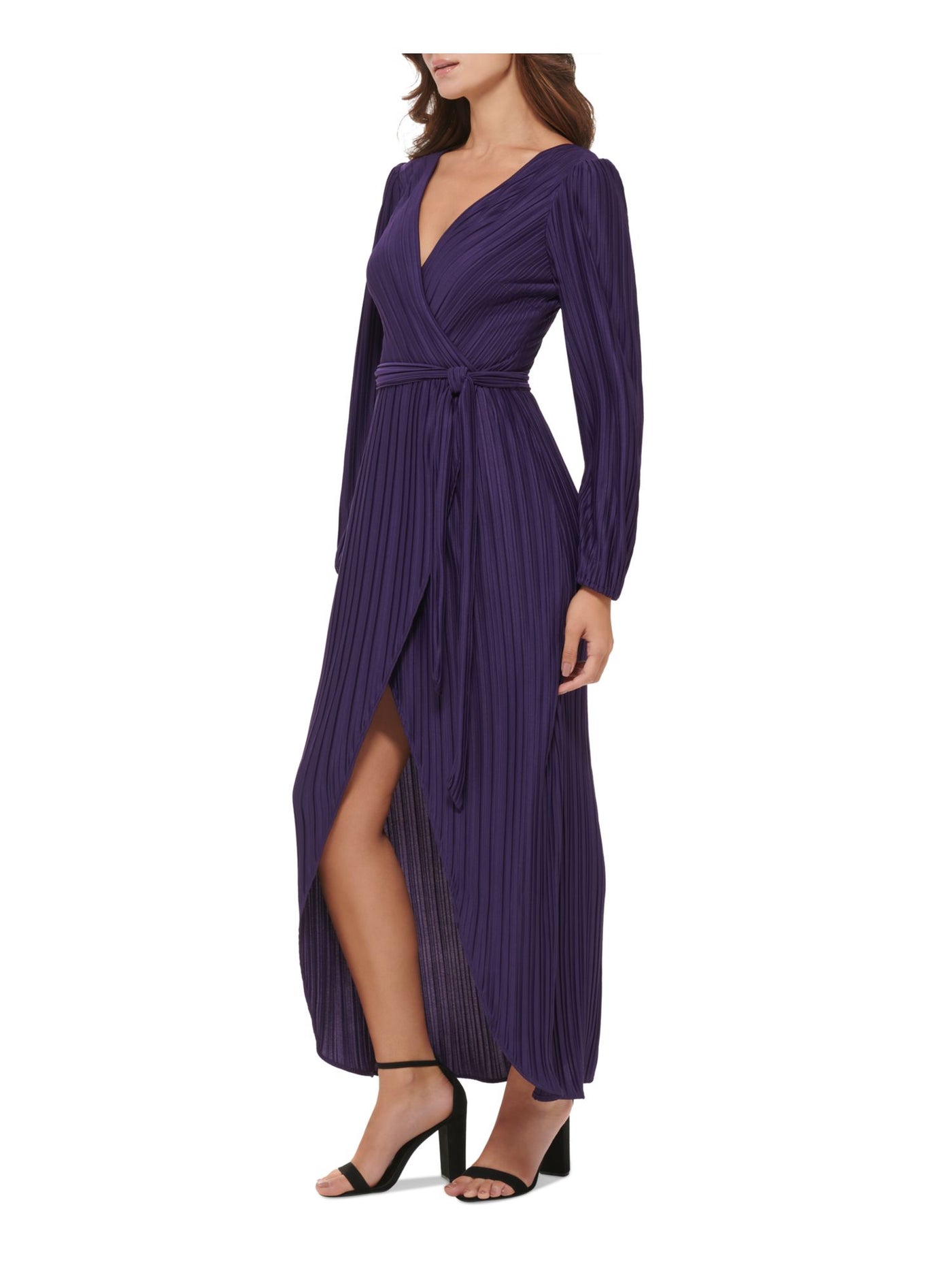 GUESS Womens Purple Pleated Zippered V-back Hi-lo Hem Tie Belt Long Sleeve Surplice Neckline Maxi Party Faux Wrap Dress 6