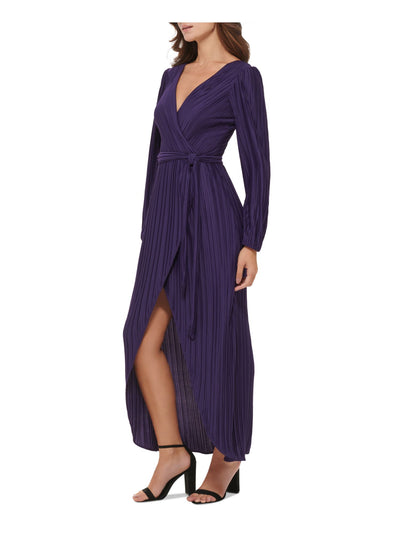 GUESS Womens Purple Pleated Zippered V-back Hi-lo Hem Tie Belt Long Sleeve Surplice Neckline Maxi Party Faux Wrap Dress 6