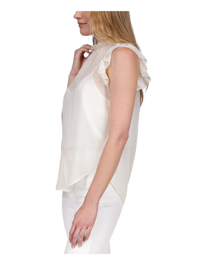 MICHAEL KORS Womens White Ruffled Sheer Dewdrop Lined Hook And Eye Polka Dot Short Sleeve Split Top XS
