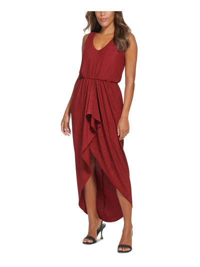 CALVIN KLEIN Womens Red Sleeveless V Neck Below The Knee Cocktail Hi-Lo Dress 4