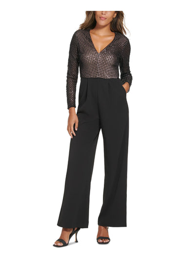 CALVIN KLEIN Womens Black Zippered Sequined Lined Bodice Pocketed Darted Long Sleeve V Neck Evening Wide Leg Jumpsuit 8