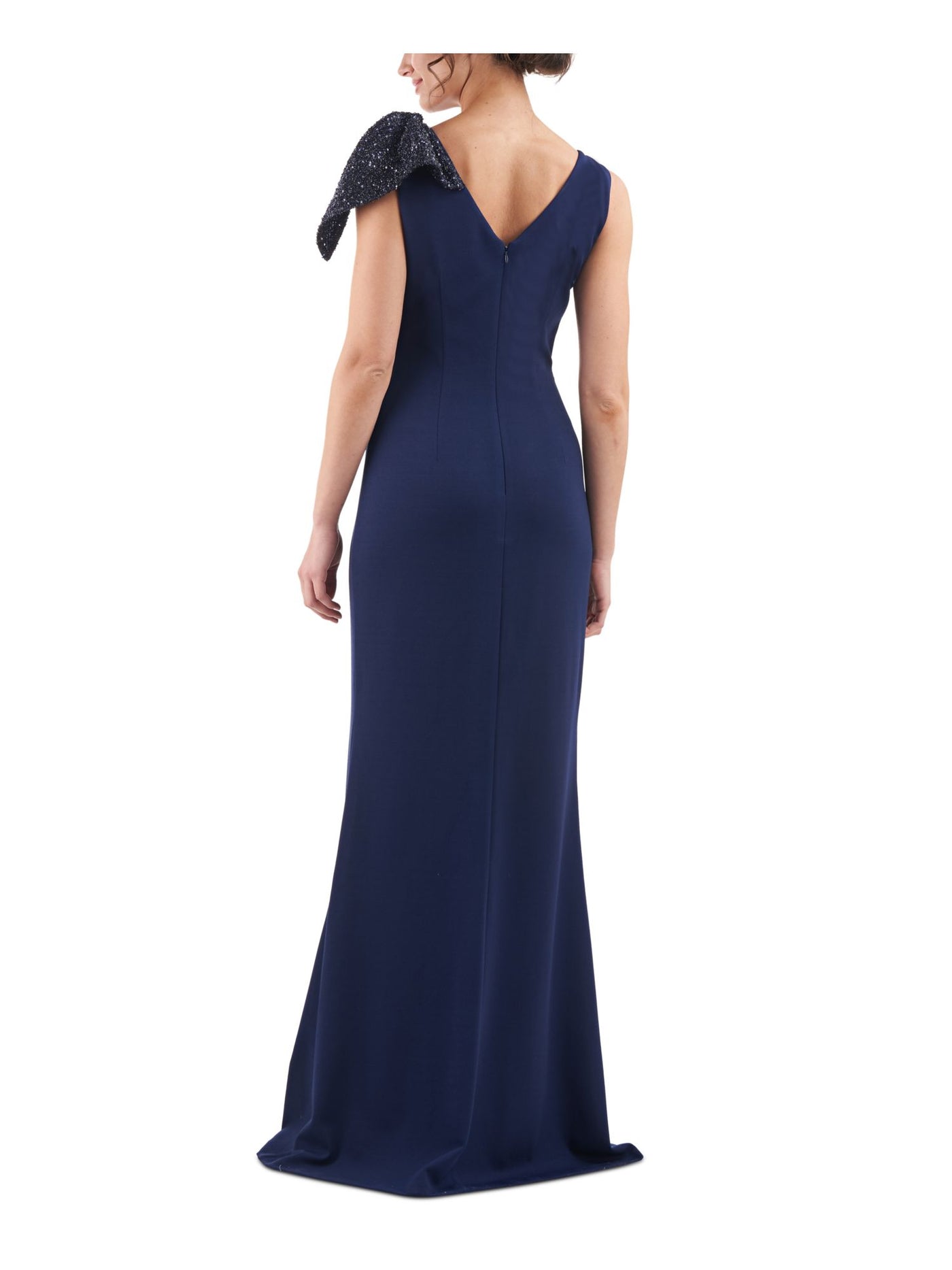 JS COLLECTIONS Womens Navy Sequined Zippered Sleeveless Round Neck Full-Length Cocktail Gown Dress 16