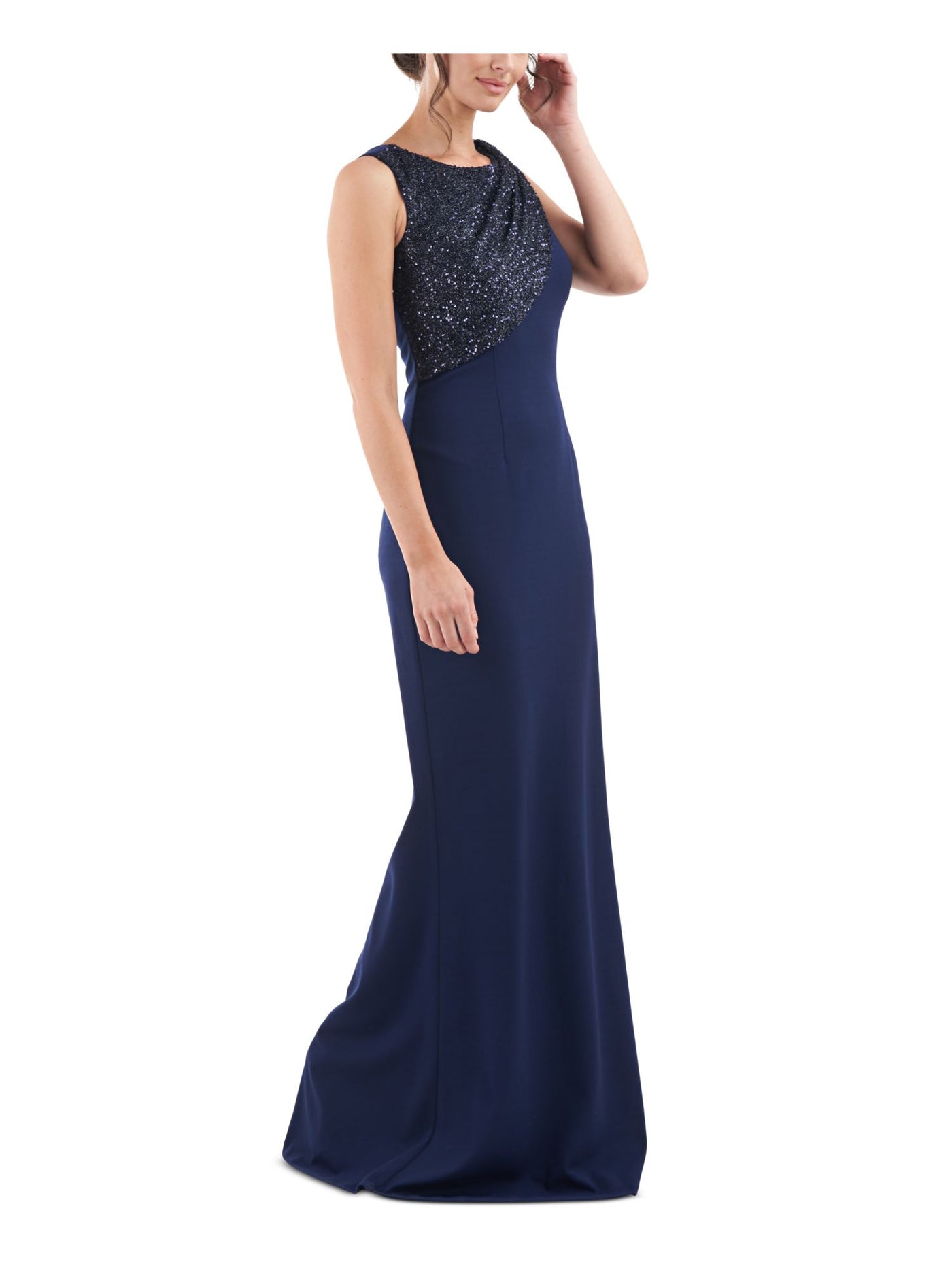 JS COLLECTIONS Womens Navy Sequined Zippered Sleeveless Round Neck Full-Length Cocktail Gown Dress 16