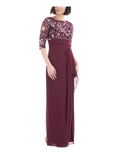 JS COLLECTIONS Womens Burgundy Zippered Lined Waterfall Ruffle Slit 3/4 Sleeve Boat Neck Full-Length Formal Gown Dress 8