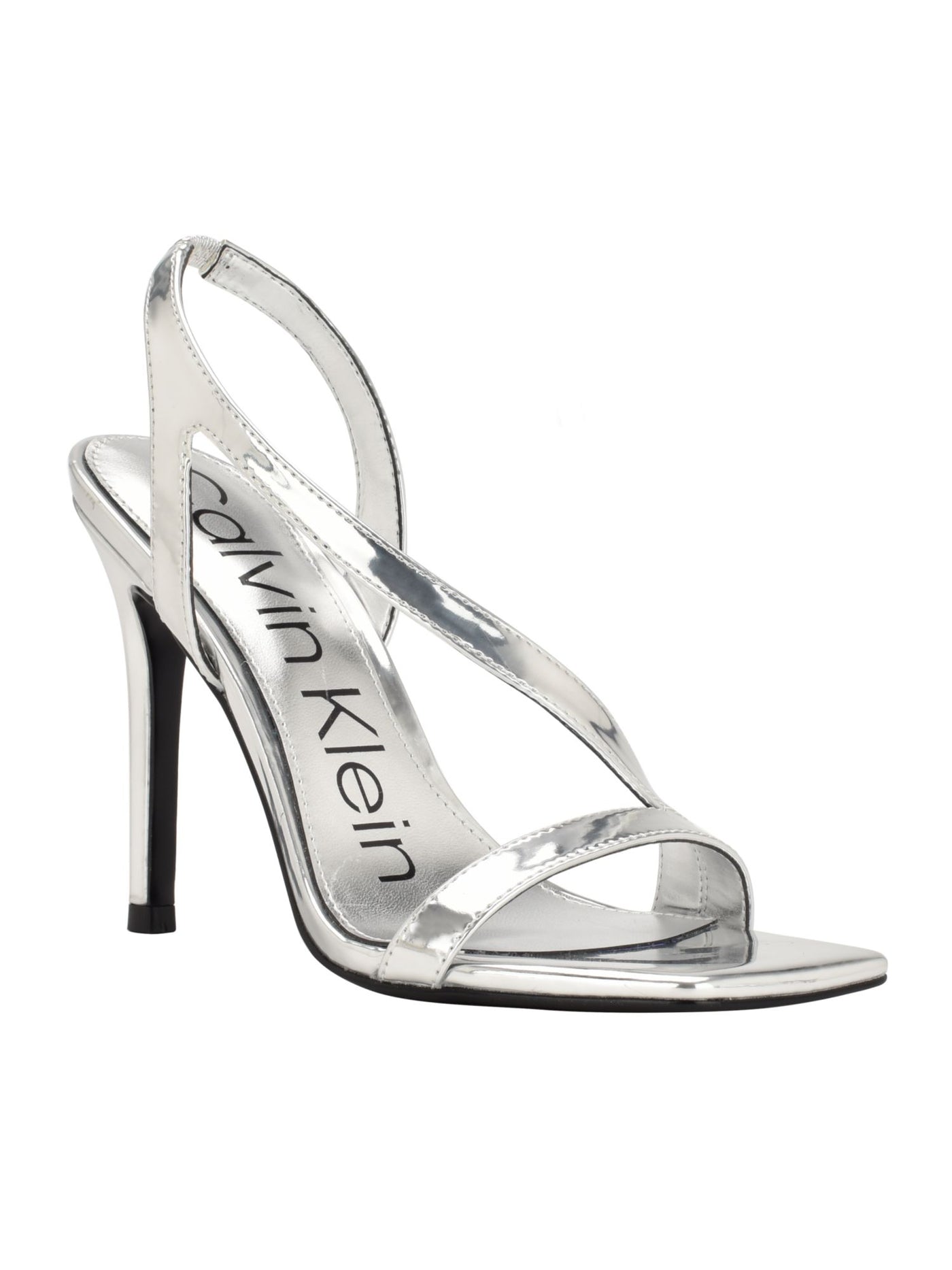 CALVIN KLEIN Womens Silver Patent Padded Asymmetrical Goring Metallic Tallon Square Toe Stiletto Slip On Dress Heeled Sandal 5 M