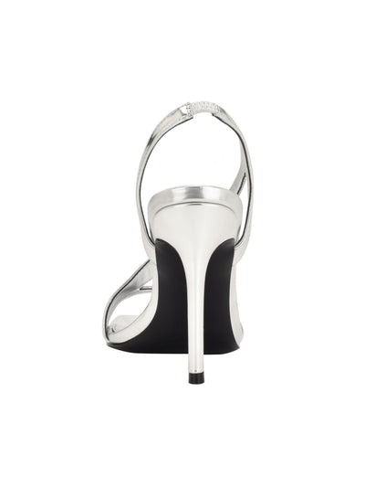 CALVIN KLEIN Womens Silver Patent Padded Asymmetrical Goring Metallic Tallon Square Toe Stiletto Slip On Dress Heeled Sandal 5 M
